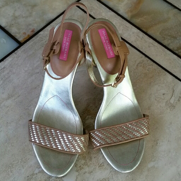 Mizrahi Gold & Tan Leather Sandal Heels 10 - Picture 2 of 3